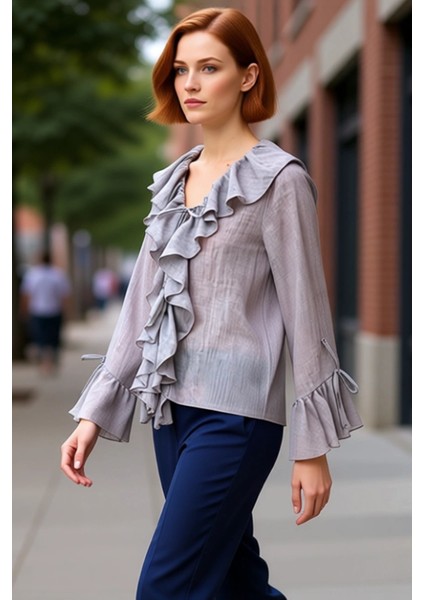 Kadın V Yaka Bağcıklı Uzun Kollu Düz Dokuma Bluz Kaliteli Şık Rahat Modern Zarif Günlük