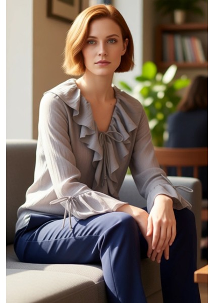 Kadın V Yaka Bağcıklı Uzun Kollu Düz Dokuma Bluz Kaliteli Şık Rahat Modern Zarif Günlük fiyatları