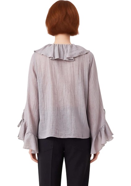 Kadın V Yaka Bağcıklı Uzun Kollu Düz Dokuma Bluz Kaliteli Şık Rahat Modern Zarif Günlük fırsatları