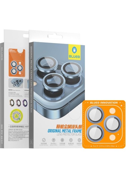 Blueo 15 Pro Max Uyumlu Mavi Orijinal Metal Çerçeve Kamera Lens Koruyucu