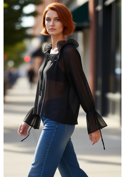 Kadın Boyundan Bağlamalı Oversize Reglan Kol Şifon Bluz Kaliteli Şık Rahat Modern Zarif