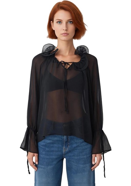 Kadın Boyundan Bağlamalı Oversize Reglan Kol Şifon Bluz Kaliteli Şık Rahat Modern Zarif modelleri