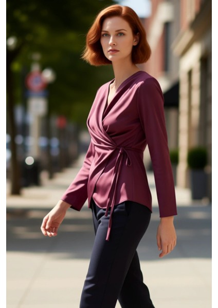 Zarif Kruvaze Kesim Uzun Kollu Dokuma Üst Kadın Kaliteli Şık Rahat Modern Zarif Günlük