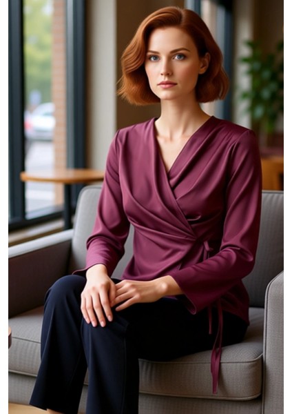 Zarif Kruvaze Kesim Uzun Kollu Dokuma Üst Kadın Kaliteli Şık Rahat Modern Zarif Günlük fiyatları