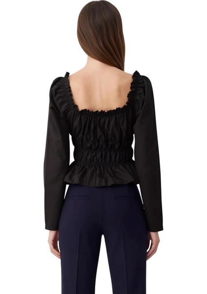 Kadın Kalp Yaka Fiyonk Detaylı Peplum Dokuma Bluz Kaliteli Şık Rahat Modern Zarif Günlük fırsatları