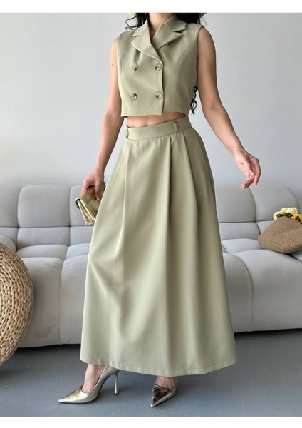 Kadın Alt Üst Takım Düğme Detaylı Premium Yelek Etek Ikili Takım Elbise
