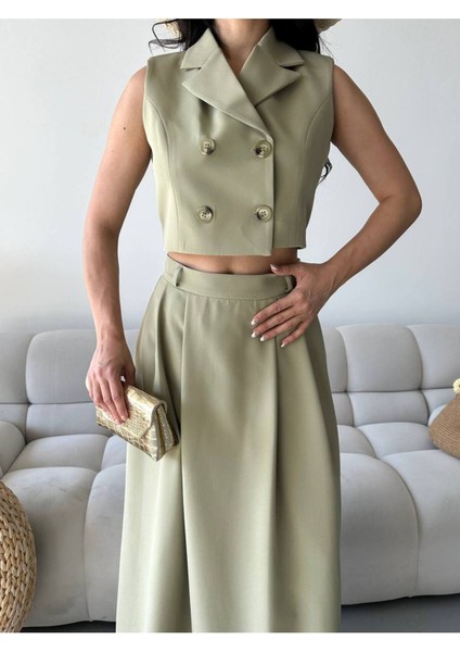 Kadın Alt Üst Takım Düğme Detaylı Premium Yelek Etek Ikili Takım Elbise