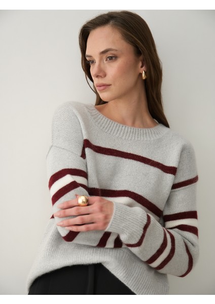 Bordo Renkli Çizgili Oversize Triko Kazak - 2516