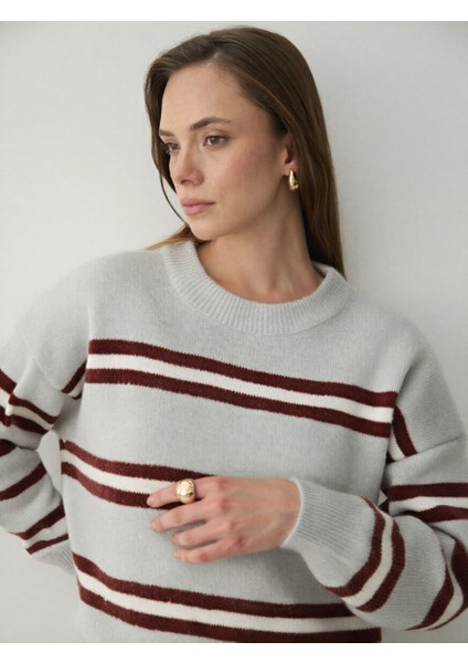 Bordo Renkli Çizgili Oversize Triko Kazak - 2516 fiyatları