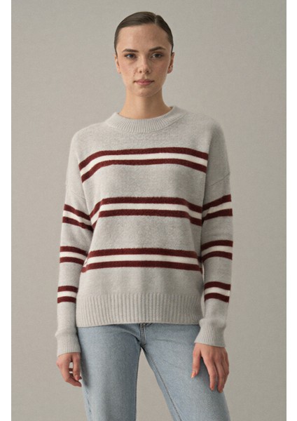 Bordo Renkli Çizgili Oversize Triko Kazak - 2516 modelleri