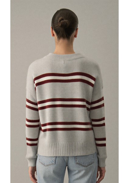 Bordo Renkli Çizgili Oversize Triko Kazak - 2516 fırsatları