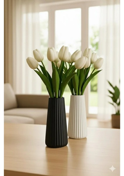 Modern Dekorasyon Şık Beyaz Çizgil Çiçek Vazo - Minimalist ve Zarif Vazo 2'li Set fiyatları