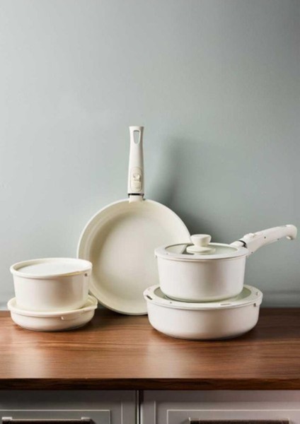 Beta Beige Tencere Tava Seti - 15 Parça Alüminyum Döküm Indüksiyonlu Seramik Kaplama Set Bej Pişir Sakla Tencere Seti