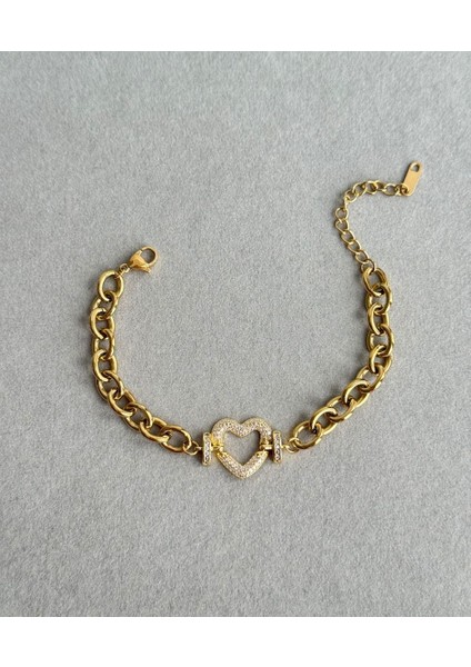 Çelik Gold Ortası Taşlı Kalp Bileklik Hediyelik