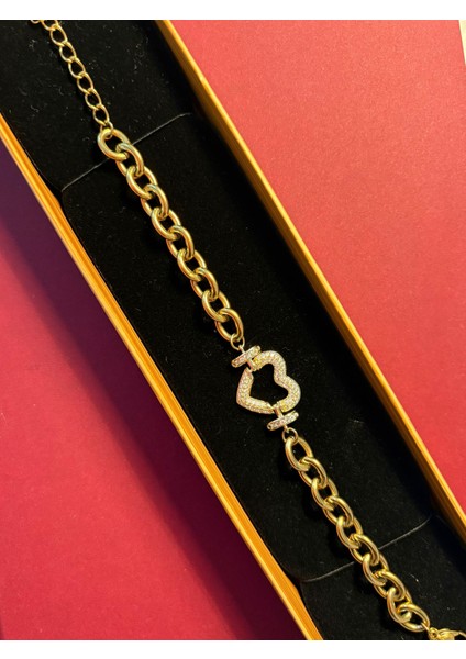 Çelik Gold Ortası Taşlı Kalp Bileklik Hediyelik indirimleri