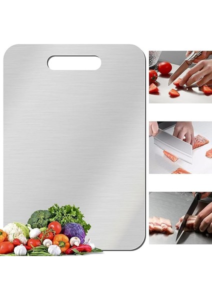 Paslanmaz Çelik Kesme Tahtası Levhası Panosu Kaydırmaz Slikon Ayaklı 24X34CM 2mm Gıda Temasına Uygun Antibakteriyel 304 Çelik
