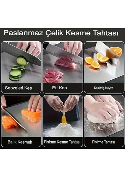 Paslanmaz Çelik Kesme Tahtası Levhası Panosu Kaydırmaz Slikon Ayaklı 24X34CM 2mm Gıda Temasına Uygun Antibakteriyel 304 Çelik indirimleri