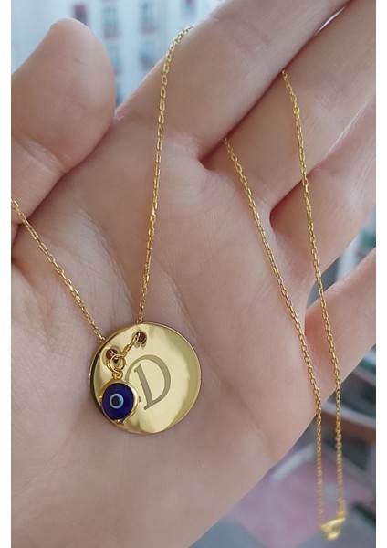 925 Ayar Gümüş 24 Ayar Altın Kaplama Nazar Boncuklu Harfli Plaka Kolye