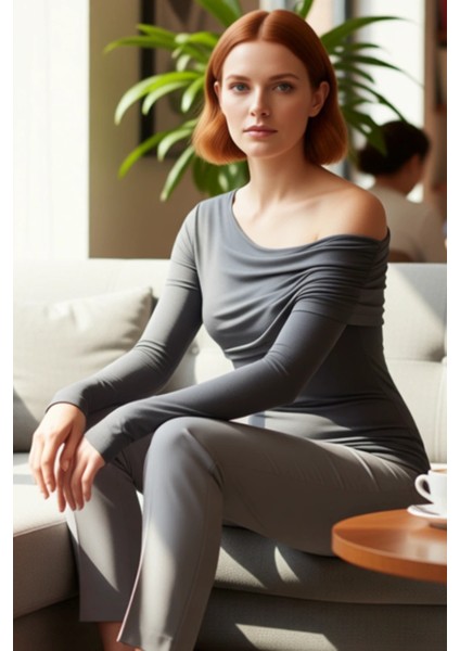 Kadın Moda Şık Üst Giyim Regular Asimetrik Yaka Slim Kalıp Örme Fitted Vücuda Oturan Esnek Bluz