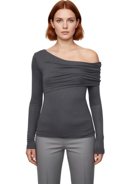 Kadın Moda Şık Üst Giyim Regular Asimetrik Yaka Slim Kalıp Örme Fitted Vücuda Oturan Esnek Bluz fiyatları