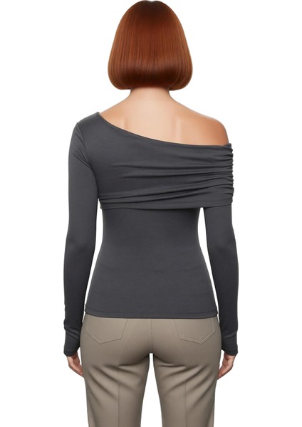 Kadın Moda Şık Üst Giyim Regular Asimetrik Yaka Slim Kalıp Örme Fitted Vücuda Oturan Esnek Bluz modelleri