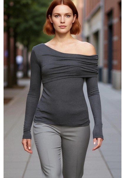 Kadın Moda Şık Üst Giyim Regular Asimetrik Yaka Slim Kalıp Örme Fitted Vücuda Oturan Esnek Bluz fırsatları