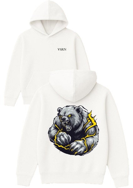 Güçlü Ayı Tasarım Baskılı Oversize Beyaz Kapüşonlu Sweatshirt