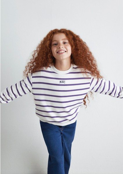 Mavi Logo Baskılı Mor Çizgili Sweatshirt 7S10038-88138