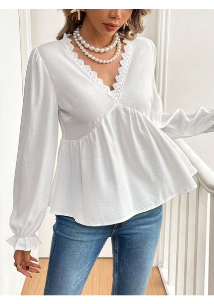 Kadın Uzun Kollu V Dantel Yaka Aerobin Bluz fırsatları