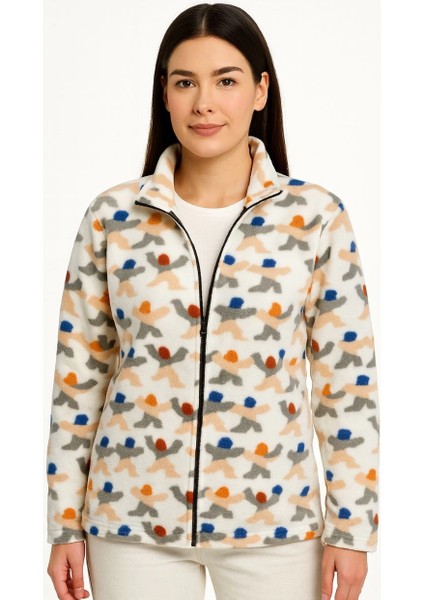 Kadın Tam Fermuarlı Desenli Polar Sweat - Siyah Multicolor Figür Desen Yakalı, Uzun Kollu, Oversize Rahat Kalıp - Beyaz