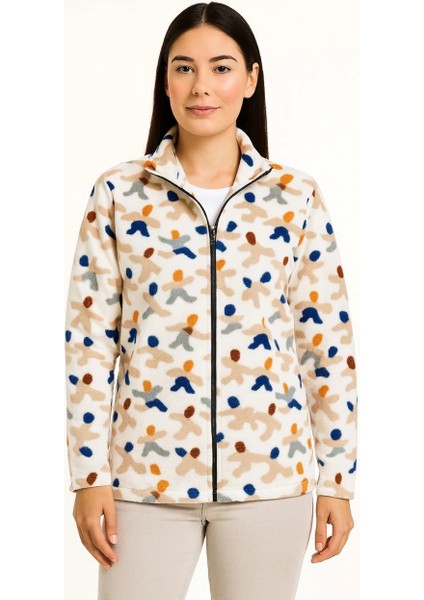 Kadın Tam Fermuarlı Desenli Polar Sweat - Siyah Multicolor Figür Desen Yakalı, Uzun Kollu, Oversize Rahat Kalıp - Beyaz modelleri