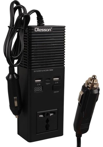 1665 Dc 12-24V 200W Oto Araç Power Inverter Ek Çakmak Girişi - Type-C - Çift USB - 220V Üniversal Priz