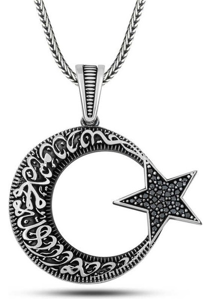 Gümüş Kelime-i Tevhid Yazılı Taşlı Erkek Kolye