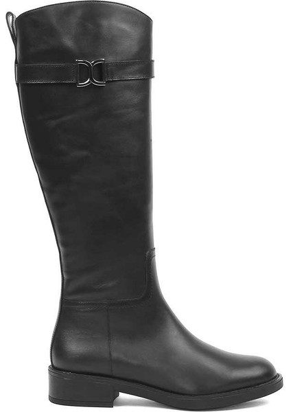 Kadın Siyah Fermuarlı Tokalı Deri Çizme