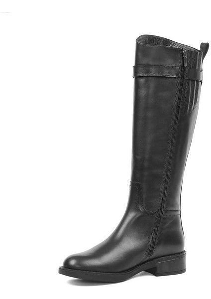 Kadın Siyah Fermuarlı Tokalı Deri Çizme modelleri