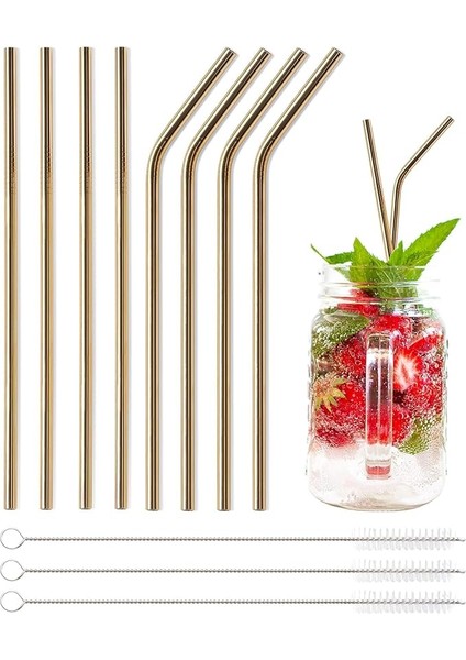 Home 6'lı Paslanmaz Çelik Pipet + 3 Adet Temizleme Fırçası Gold