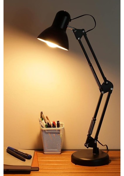 Home Akrobat Tertial Masa Lambası – 360° Hareketli Oynar Başlıklı Metal Gövde, Masa Üstü Çalışma ve Kitap Okuma Lambası, Sağlam Malzeme ile Uzun Ömürlü Aydınlatma-Ev Tipi Ampül (Siyah)