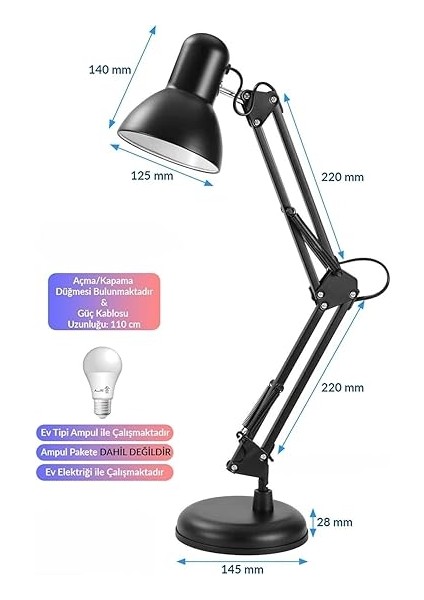 Home Akrobat Tertial Masa Lambası – 360° Hareketli Oynar Başlıklı Metal Gövde, Masa Üstü Çalışma ve Kitap Okuma Lambası, Sağlam Malzeme ile Uzun Ömürlü Aydınlatma-Ev Tipi Ampül (Siyah) fırsatları