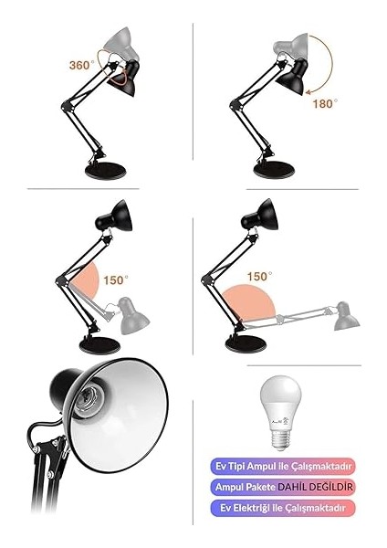 Home Akrobat Tertial Masa Lambası – 360° Hareketli Oynar Başlıklı Metal Gövde, Masa Üstü Çalışma ve Kitap Okuma Lambası, Sağlam Malzeme ile Uzun Ömürlü Aydınlatma-Ev Tipi Ampül (Siyah) indirimleri