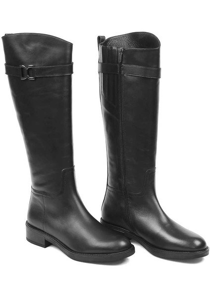Kadın Siyah Fermuarlı Tokalı Deri Çizme