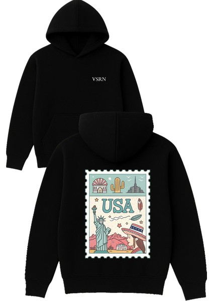 Usa Card Tasarım Baskılı Oversize Siyah Kapüşonlu Sweatshirt
