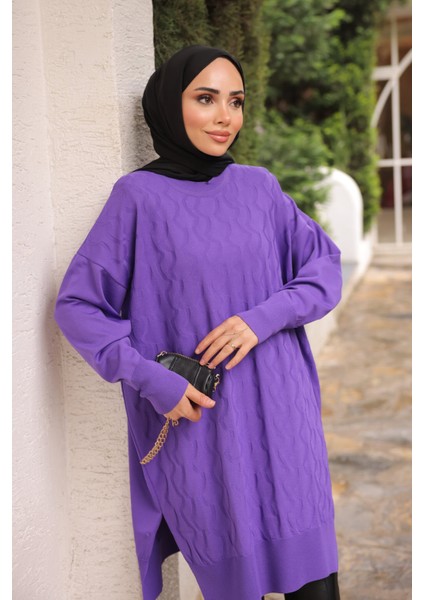 Mor Bisiklet Yaka Soğuk İplik Triko Tunik