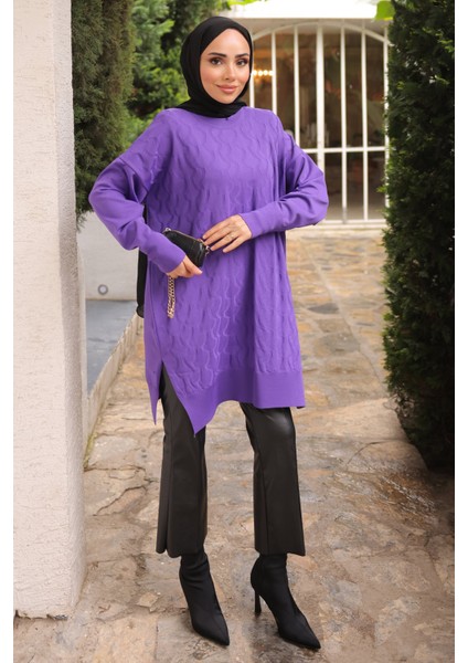 Mor Bisiklet Yaka Soğuk İplik Triko Tunik modelleri