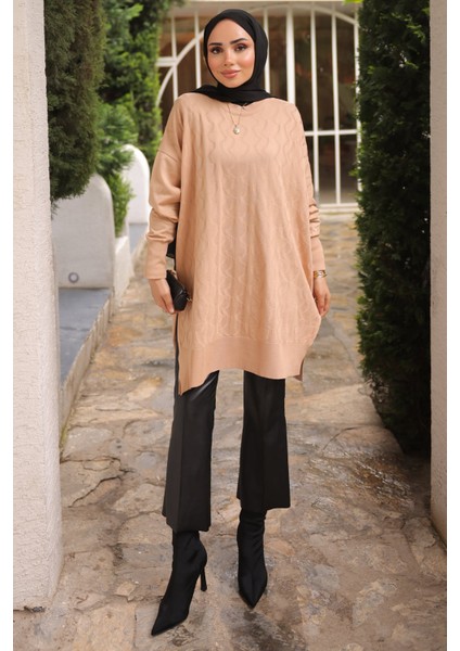 Bisküvi Bisiklet Yaka Soğuk İplik Triko Tunik modelleri