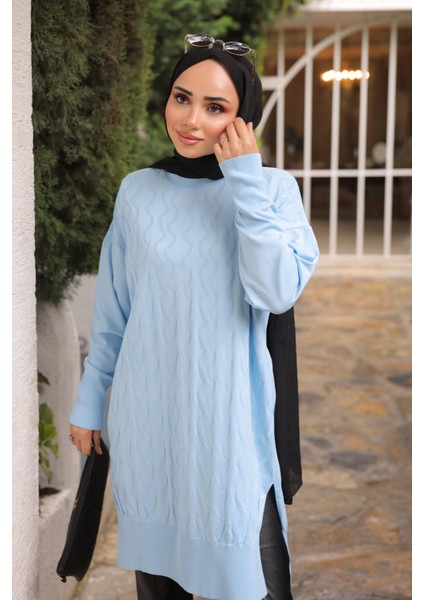 Bebe Mavi Bisiklet Yaka Soğuk Iplik Triko Tunik modelleri