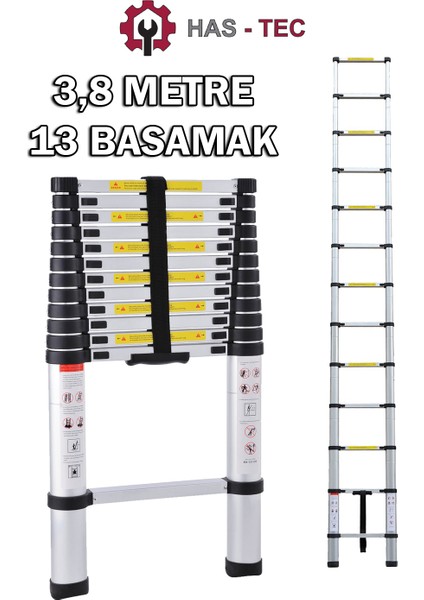 Has-Tec 13 Basamaklı Düz Uzayan Teleskopik Merdiven 3,8 M