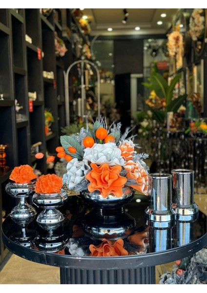 Yapay Çiçekli Gümüş Yassı Vazo 5 Parça Set No:4