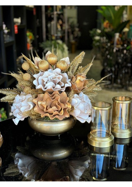 Yapay Çiçekli Antik Yassı Vazo 3 Parça Set No:6