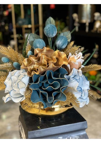 Yapay Çiçek Aranjmalı Gold Yassı Vazo No:7