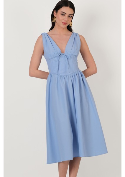 Rosselin Ön Arka V Yaka Korsajlı Elbise Mavi